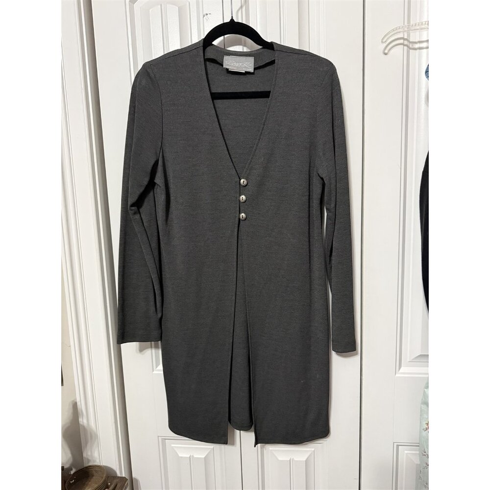 Vintage Rabbit Designs Cardigan Long Jacket Gray Womens 12 Rayon Flax Usa